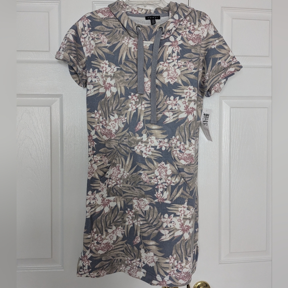 Tribal Hawaiian tropical print, short sleeve, hoodie sweatshirt dress tunic